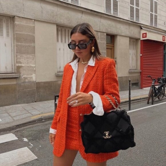 Zara Jackets & Blazers - Zara Orange Tweed Jacket Blazer With Gold Buttons Size M